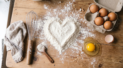 Baking preparation with heart shaped flour on wooden kitchen table with eggs and whisk