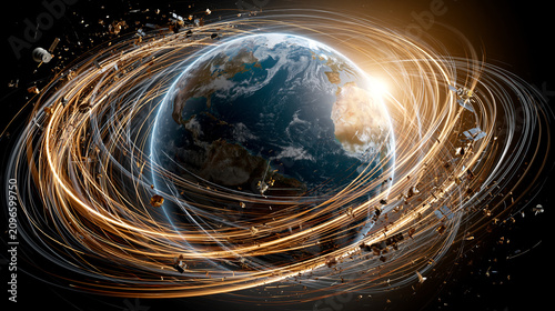 Earth having orbital debris and active satellites circling with light trails, illustrating space pollution and technological impact