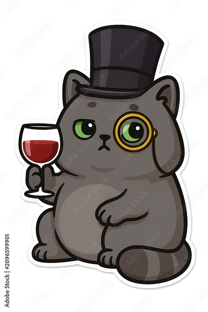 Fototapeta premium Aristocratic gray cartoon cat wearing top hat and monocle
