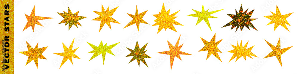 Fototapeta premium Gold glitter cut out stars set. Sparkling irregular star paper clippings collection. Vintage stickers for Christmas holiday collage and scrapbook. Golden, yellow elements vector isolated as png