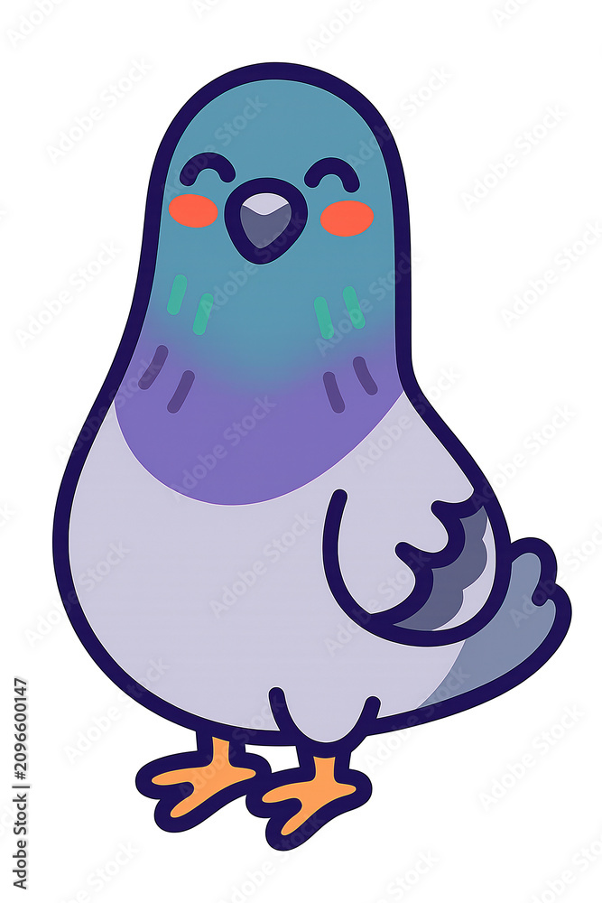 Obraz premium Cheerful cartoon pigeon character with closed eyes looking pleased