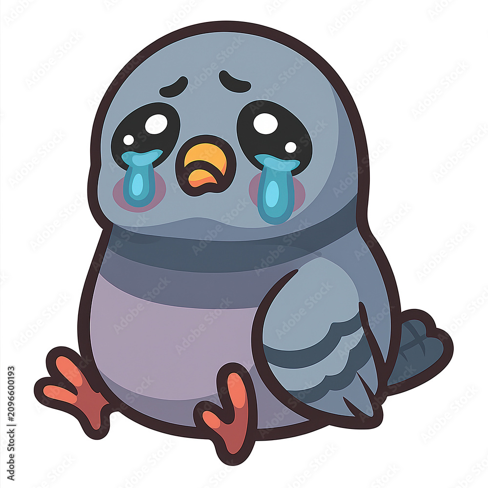 Fototapeta premium Sorrowful bird sticker with tearful eyes and gray feathers