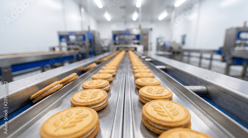 Industrial food production line with freshly baked cookies on stainless steel conveyor