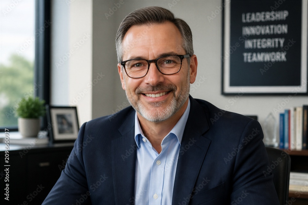 Obraz premium Middle aged businessman smiling at office desk