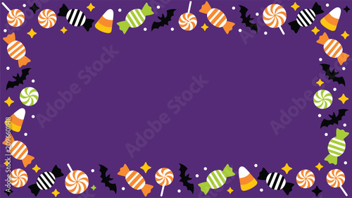 Halloween candy border with bats on purple background halloween background lollipops celebration decorated seasonal illustration invitation