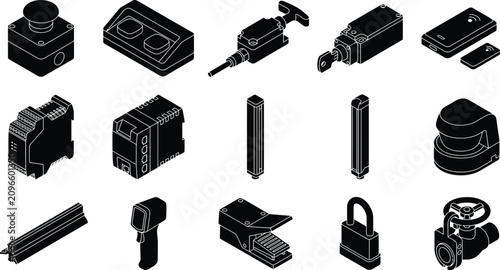 Industrial Machine Safety Device Silhouette Bundle Set, Factory Automation Equipment Vector Collection