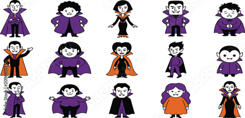 Fotografie Halloween cute vampire Dracula cartoon characters set, spooky purple and orange