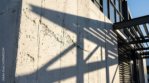 Concrete wall with shadow patterns from architectural metalwork exterior daytime scene
