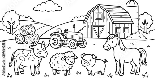 Quadro su tela Cute farm animals and tractor in rural landscape therapeutic coloring page for k