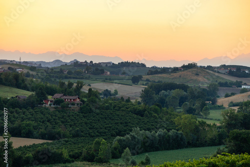 Sunset Over Rolling Hills and Vineyards in Piedmont, Italy, with Distant Alps