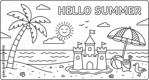 Hello summer beach landscape with sandcastle and palm tree coloring page vector