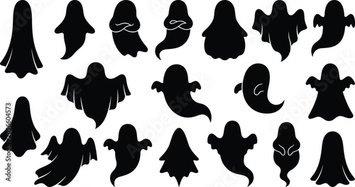 Schilderij op canvas Black silhouettes of various ghostly figures for Halloween decorations or design