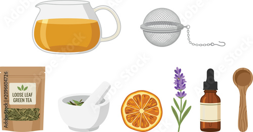 Obraz na płótnie Loose Leaf Green Tea Brewing Set with Glass Pitcher, Mesh Strainer, Mortar Pestl
