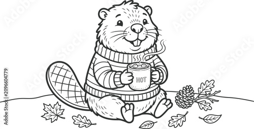 Canvastavla Whimsical autumn wildlife scene with cozy beaver drinking hot tea therapeutic li