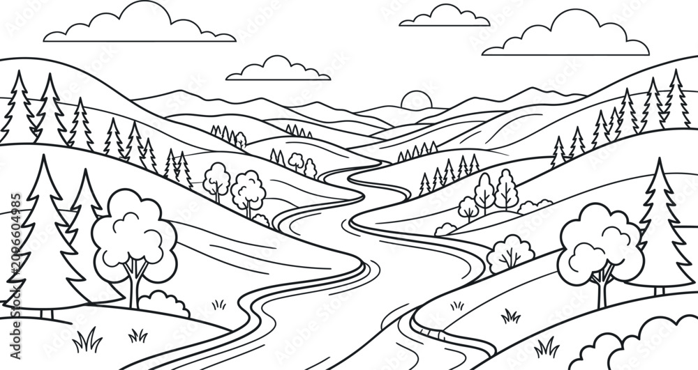 Fototapeta premium Winding river flowing through mountains landscape coloring page vector illustration