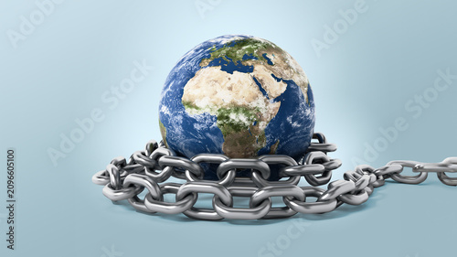 Fotografie Earth tied with steel chain. 3D illustration