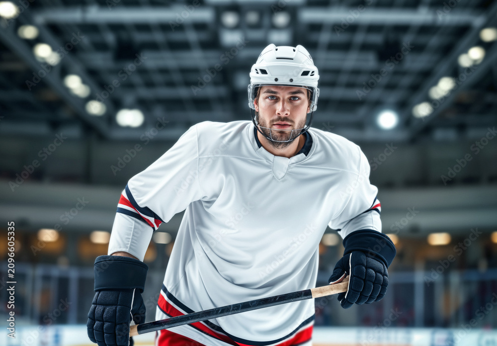 Obraz premium Blank white hockey jersey mockup on ice hockey player, ai generated. Male professional sportsman wearing longsleeve uniform and protective helmet while holding hockey stick on indoor ice rink.