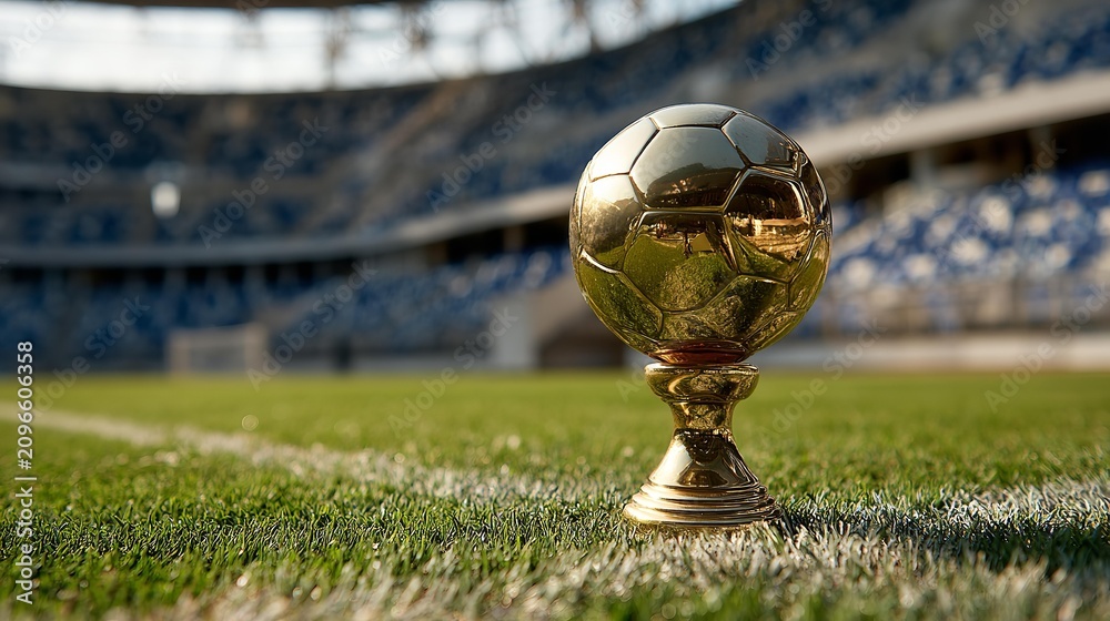 Obraz premium Golden trophy gleams on lush green pitch.