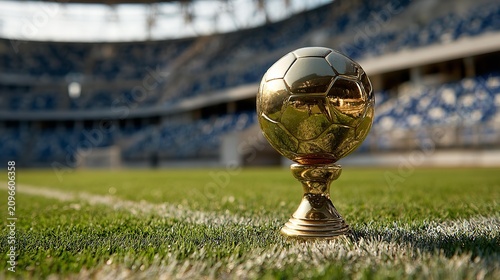 Golden trophy gleams on lush green pitch.