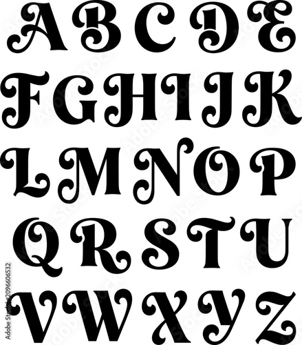 Curly fairy tale font alphabet in black over white