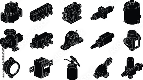 Industrial Lubrication System Components Silhouette Bundle for Factory Maintenance Engineering Vector Set