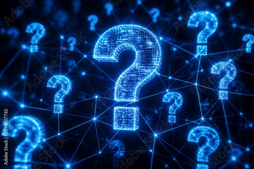 Question mark symbols glowing over digital network background