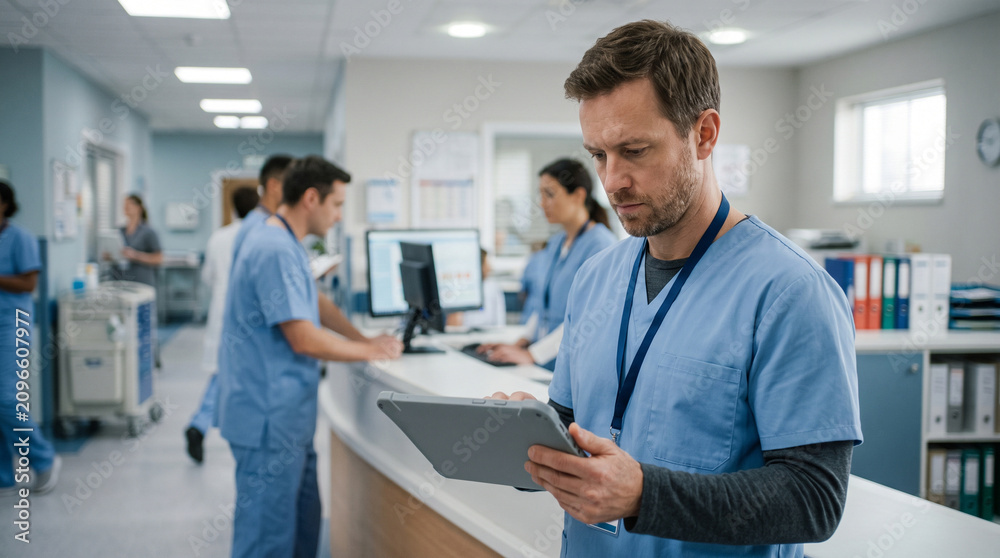 Fototapeta premium Doctor wearing blue scrubs uses a tablet computer in a hospital hallway with other medical staff in the background