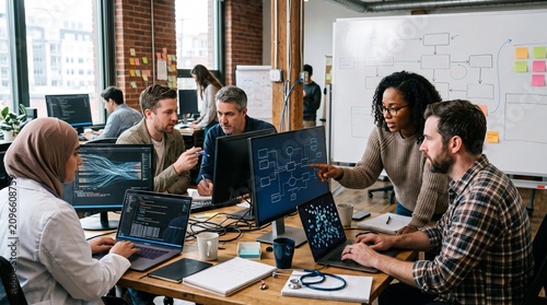 Diverse team of professionals collaborating on a complex project using computers and flowcharts in a modern office setting