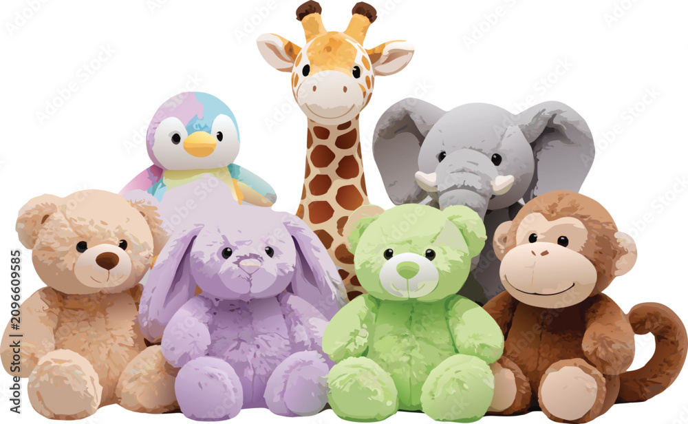 Obraz premium A group of colorful plush stuffed animal toys standing together against a plain white background.