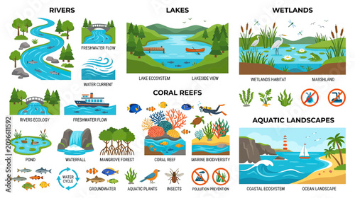 Fotografie Diverse Aquatic Ecosystems: Rivers, Lakes, Wetlands, Coral Reefs, Mangroves