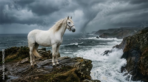 Majestic White Horse Stands Proudly on Rocky Coastline Amidst Stormy Seas.