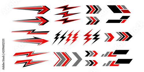 Set of red and black racing decals, abstract speed arrows, and lightning bolt graphics for car body customization