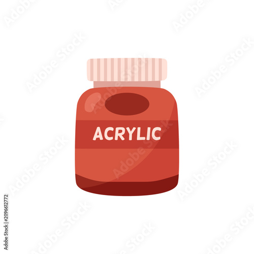 A jar of red acrylic paint. Painting and drawing supplies and tools. Creativity. Art. School preparation. Oil or gouache paint. Vector illustration isolated on a white background.