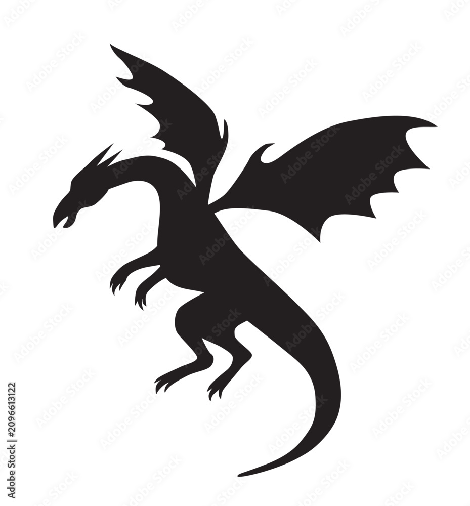 Fototapeta premium Black flying dragon silhouette isolated on white background