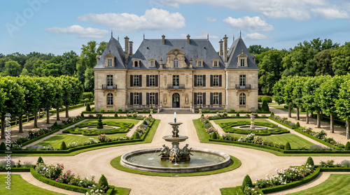 Grand french estate featuring manicured gardens and central fountain