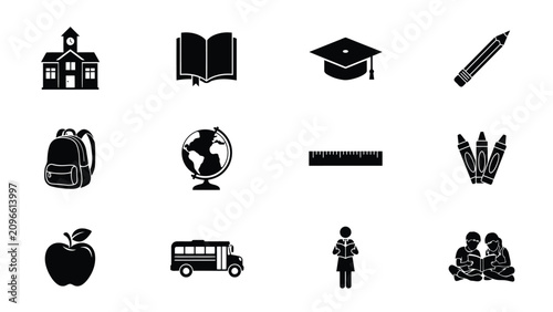 Educational themed icons set featuring schoolhouse graduation globe with minimalist collection nine black white icons symbolizing education two students reading together