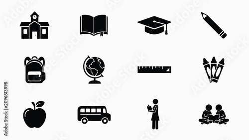 Educational themed icons showcasing school supplies learning and academic achievement with minimalist collection nine black white icons arranged 3x3 grid