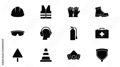 Fotografía Modern minimalist black safety equipment icons set featuring headwear footwear g