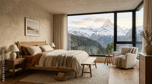Cozy minimalist bedroom with a scenic mountain peak view