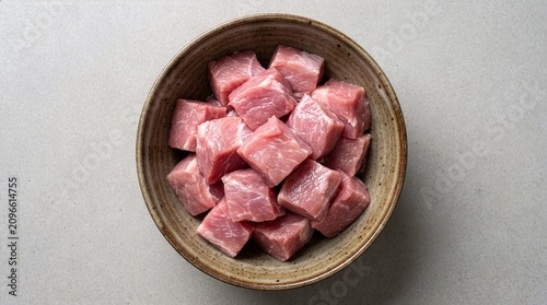 Fresh raw pork meat cubes inside rustic ceramic bowl on clean grey background top view