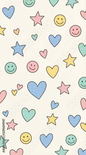 Pastel doodle pattern with hearts stars and smiley faces on light background, playful cheerful mood for kids design, seamless wallpaper style for prints and apps