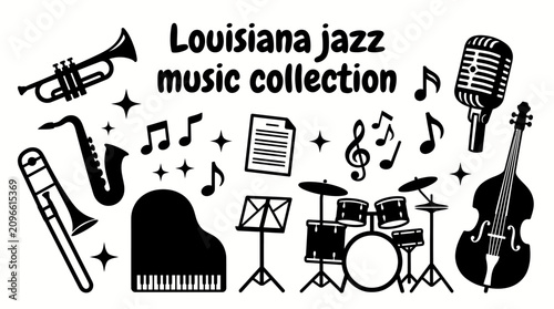 Photography classic louisiana jazz music elements featuring trumpet saxophone trombone piano