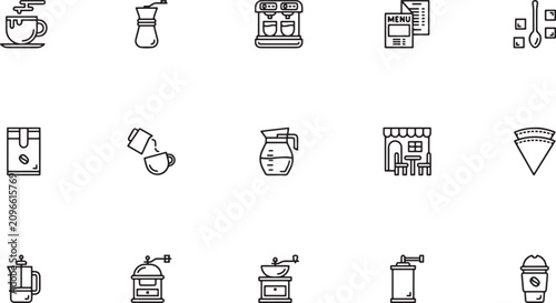 Foto Coffee Shop & Barista icon set, Coffee shop cafe and professional barista outlin
