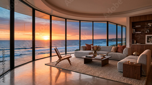 Modern luxury living room with panoramic ocean view at sunset