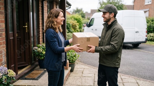 Delivery person hands a package to a smiling woman at her doorstep with a van in the background