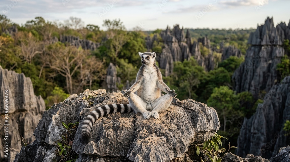 Fototapeta premium Ring-tailed Lemur Perched on Rocky Outcrop in Madagascars Tsingy Forest.