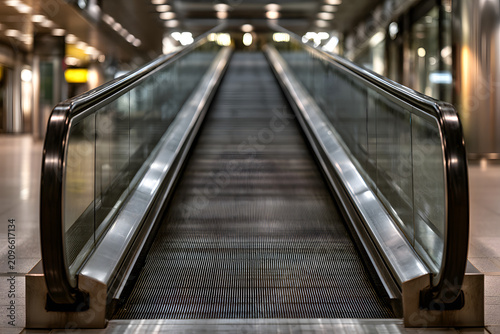 Long, empty moving walkway in an airport or public transport hub, leading upwards into a brightly lit, blurred background. Modern, clean, and symmetrical.