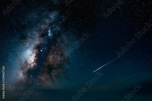A breathtaking celestial display featuring the Milky Way and a brilliant meteor streaking across the star-filled dark blue night sky.