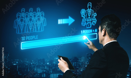 Konstfotografi Businessman Interacting with AI Technology in a Modern City Skyline, Visualizing Growth and Efficiency in a Futuristic Concept