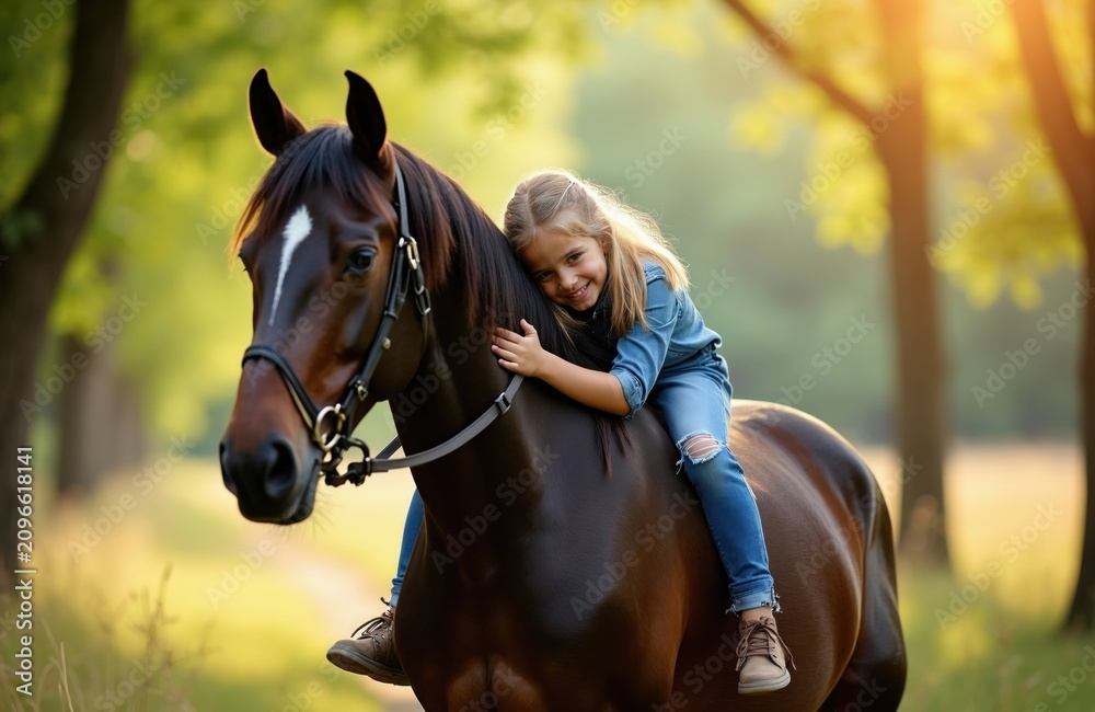 Obraz premium Little girl sits on back of brown horse in green summer forest. Happy child embraces pet animal during sunny day outdoors. Smiling kid spends time with stallion at ranch. Cute blonde girl enjoys